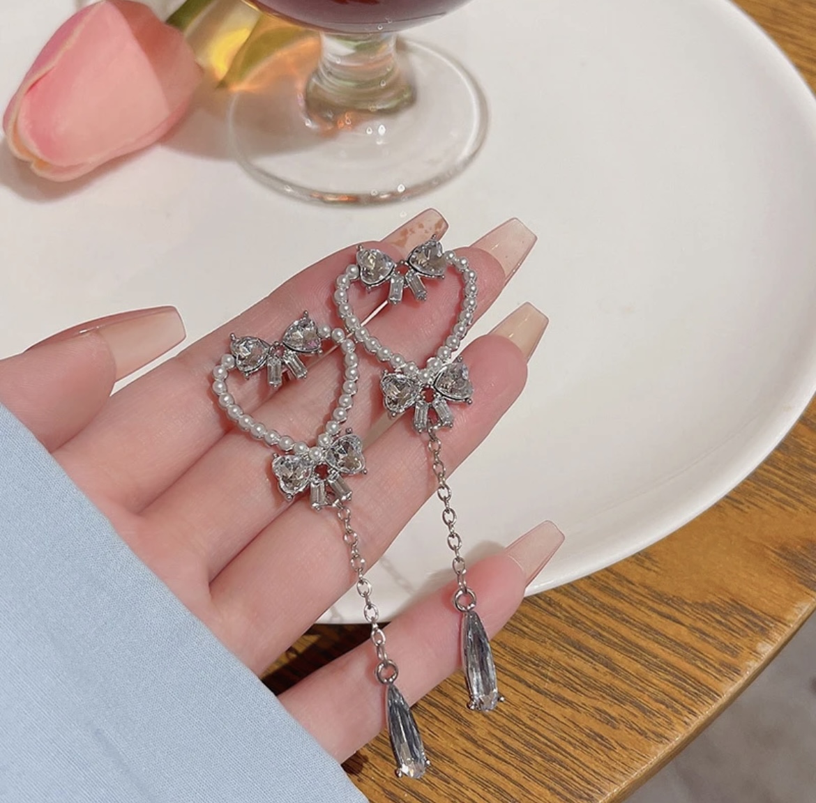 Silver Heart Long Drop Earring